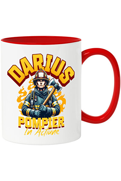 StoryGift Romania Cana cu Barbat In Costum Pompier Cu Topor In Flacari Text Darius In actiune, Apa, Cu Maner Rosu