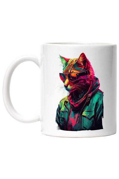 StoryGift Romania Cana Cu Pisica, Retro, Wave, Ochelari De Soare, Jacheta, Multicolor 330 ml, Cera, Cu Maner Alb