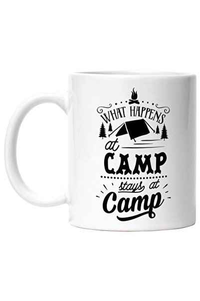 StoryGift Romania Cana cu un cort in padure si mesajul "Ceea ce se intampla in tabara ramane in ta, Cu Maner Alb