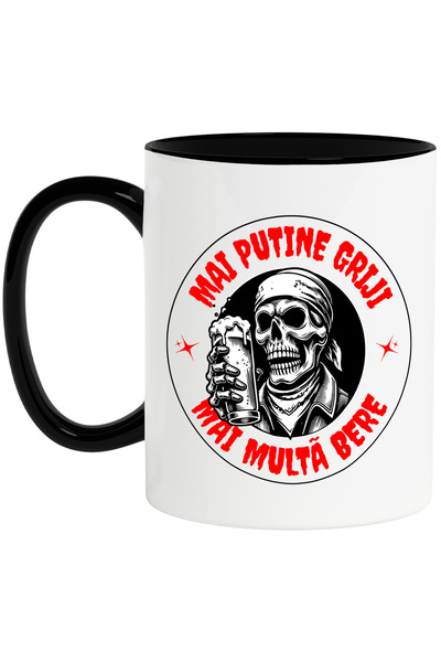 StoryGift Romania Cana Mai putine griji, mai multe bere schelete pirat, 330ml, Ceramica cu Maner N, Cu Maner Negru