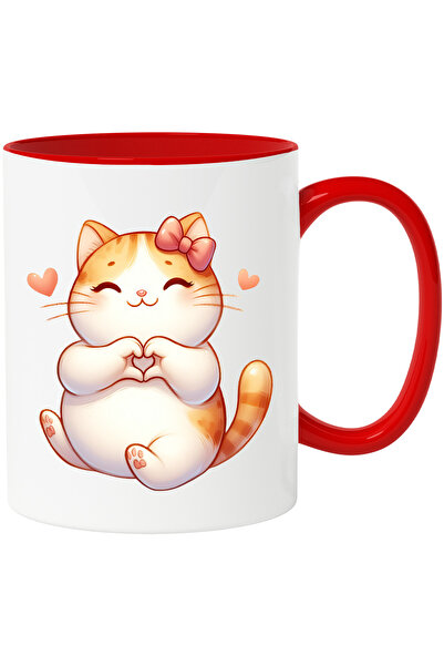 StoryGift Romania Cana cu o pisica vesela care tine labutele in forma de inim...