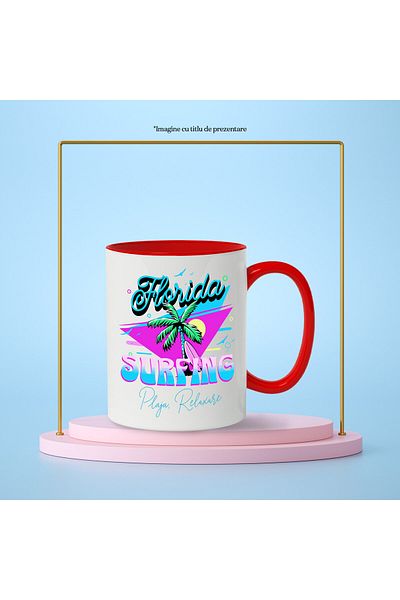 StoryGift Romania Cana cu Pamier Cu Nuci DE Cocos Si Placa De Surf Text Florida Surffing , Ceramic, Cu Maner Rosu