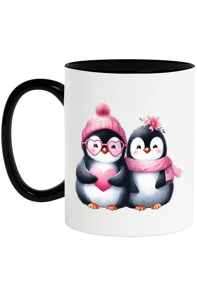 StoryGift Romania Mug with 2 blushing penguins, illustration, glasses, hearts, love, affection, With ,STG