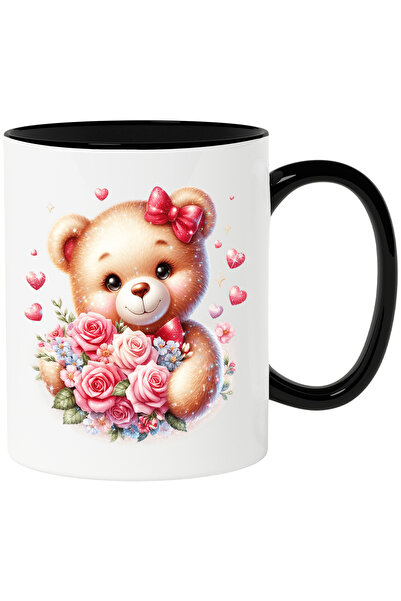 StoryGift Romania Cana cu un ursulet imbujorat care tine un buchet cu trandaf...