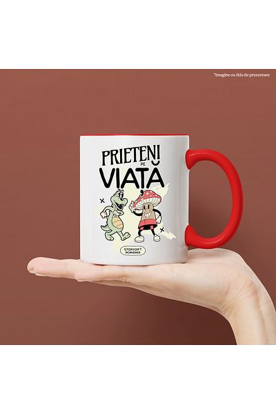 StoryGift Romania Cana Prieteni pe viata, dragon si ciuperca iubire, 330ml, Ceramic cu Maner Rosu, Cu Maner Rosu STG
