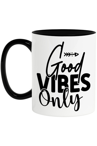 StoryGift Romania Cana cu textul in limba engleza "Good vibes only" - doar vibratii/simtiri bune c, Cu Maner Negru