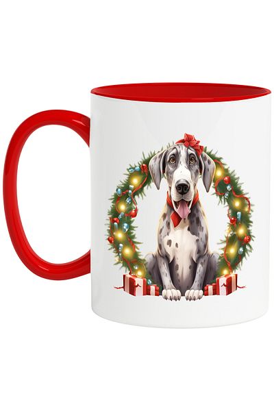 StoryGift Romania Cana cu un catel bucuros, ilustratie, Craciun, cadouri, luminite, sarbatoare, fa, Cu Maner Rosu