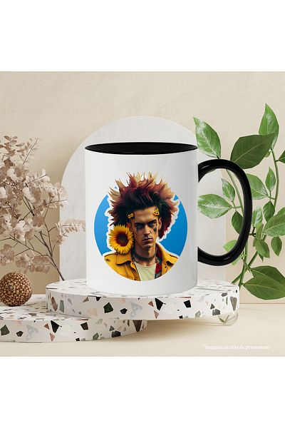 StoryGift Romania Cana Cu Portret, Floarea Soareluil, Tatuaj, Jacheta, Multicolor 330 ml, Ceramica, Cu Maner Negru