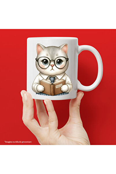 StoryGift Romania Cana cu un pisoi care tine o carte, ilustratie, ochelari, t...