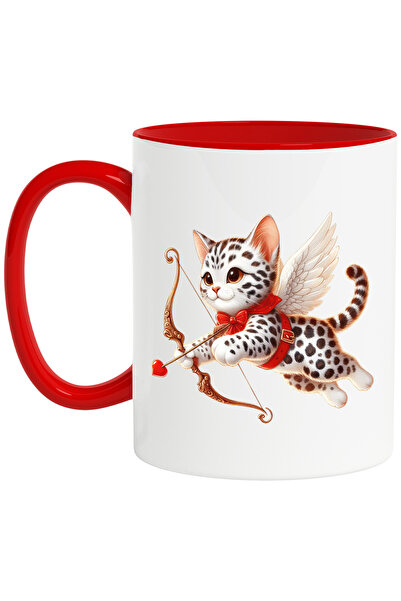 StoryGift Romania Cana cu o pisicuta alba cu buline negre | Cupidon | trage cu arcul | indragostir, Cu Maner Rosu