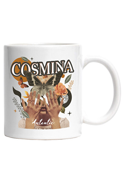 StoryGift Romania Cana Cu Numele Cosmina, Colaj Fata, Fluture, Flori, Cerc, 3...