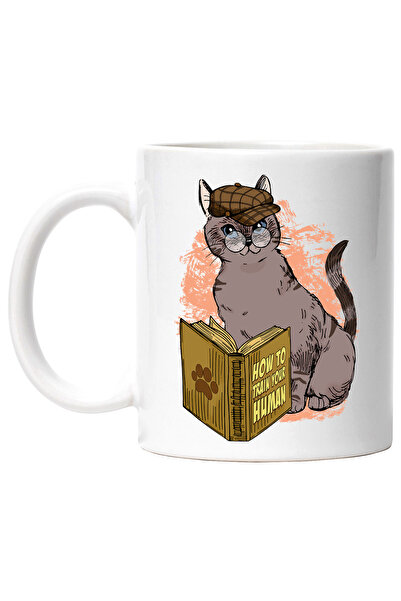 StoryGift Romania Cana cu o pisica, detectiva, ochelari, vrea sa invete cum sa isi dreseze stapanu, Cu Maner Alb