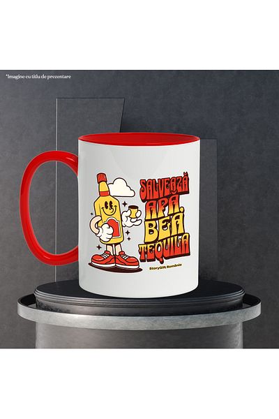 StoryGift Romania Save Water Mug, Drink Tequila Happy Funny Bottle, 330ml, Ceramic with Ro Handle, With Red Handle