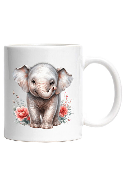 StoryGift Romania Cana cu un pui de elefant care sta in natura | ilustratie | flori | plante | jun, Cu Maner Alb