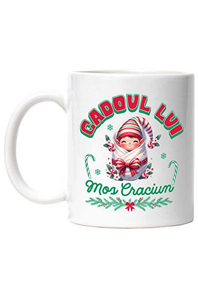 StoryGift Romania Cana cu Bebe in Paturica Cu Funda Rosie si Palarie Text Cadoul De Mos Craciun, C, Cu Maner Alb