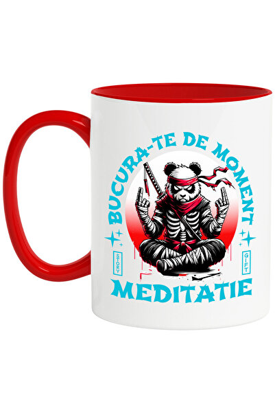 StoryGift Romania Cana cu Urs Panda Costum Ninja Si Sabie Stil Asiatic Text Bucura-te De Moment Me, Cu Maner Rosu