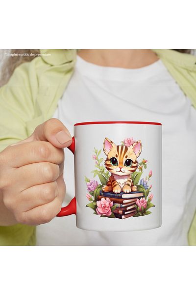 StoryGift Romania Mug with a kitten sitting on a stack of books | illustration | ready to read, With ,STG.