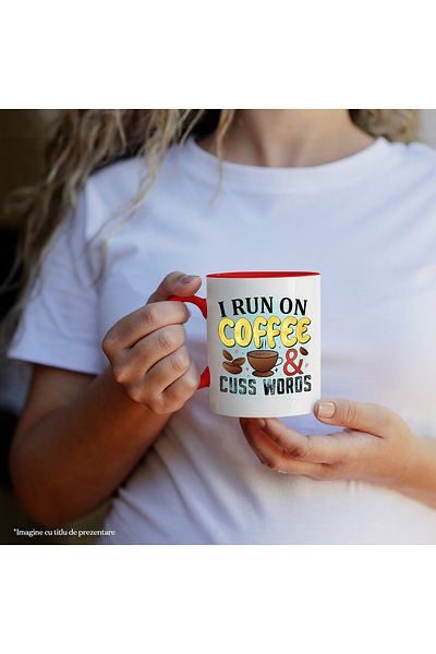 StoryGift Romania Mug with the message "I run on coffee & cuss words", illustration, liquid, fluid, beans, Cu,STG