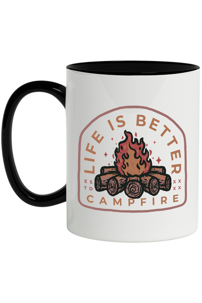 StoryGift Romania Cana Cu Mesaj In Engleza Life Is Better Campfire, Foc De Tabara, Lemne, Camping,, Cu Maner Negru