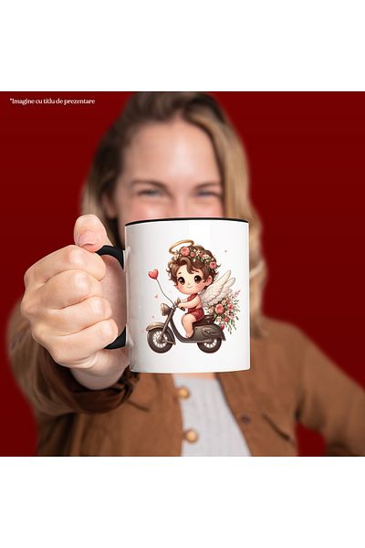 StoryGift Romania Cana cu un bebelus cu aripi care se plimba cu scuterul | ilustratie | viteza | f, Cu Maner Negru