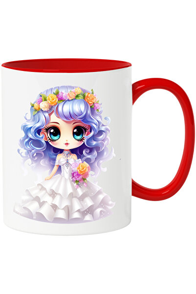 StoryGift Romania Cana cu o fata care poarta o rochie alba de mireasa | ilustratie | buchet cu flo, Cu Maner Rosu