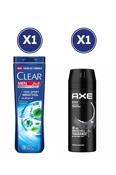Clear Menthol Shampoo 400ml x1 + Axe Body Spray Black 150ml x1 – Bundle