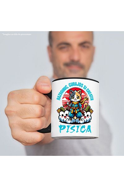 StoryGift Romania Cana cu Pisica Cu Tinuta Si Sabii De Ninja Motan Text Razboinic Curajos Si Creat, Cu Maner Negru