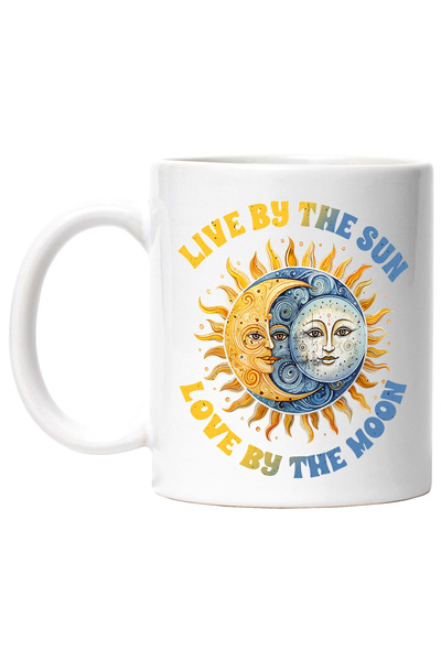 StoryGift Romania Cana cu mesajul "Live by the sun, love by the moon", ilustratie, traieste, iubit, Cu Maner Alb