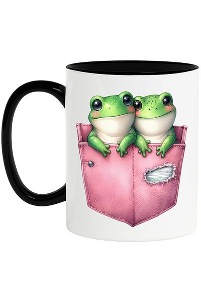 StoryGift Romania Mug with 2 frogs sitting in pockets, illustration, blushing, cheerful, English, With, STG