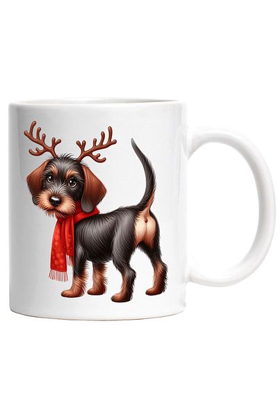 StoryGift Romania Mug with a dog wearing reindeer antlers | illustration | scarf | cold | i, With White Handle