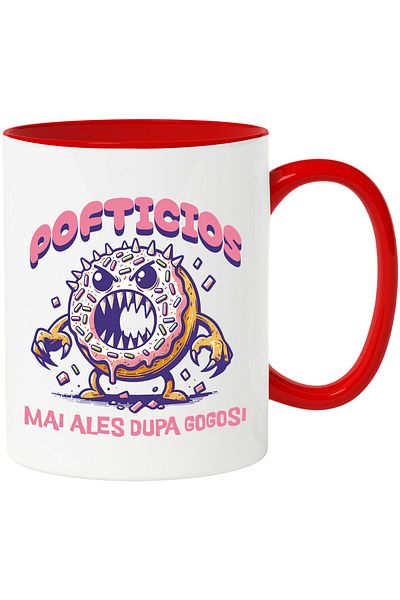 StoryGift Romania Cana cu Gogoasa Glazurata Roz Furioasa Cu Colti Text Haios Pofticios Mai Ales Du, Cu Maner Rosu