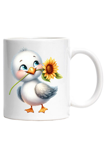 StoryGift Romania Cana cu un puisor alb care tine o floare in cioc | ilustratie | floarea-soarelui, Cu Maner Alb