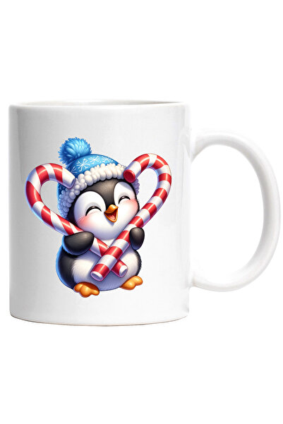 StoryGift Romania Cana cu un pui de pinguin care tine 2 acadele | ilustratie | dulciuri | fes | fr, Cu Maner Alb