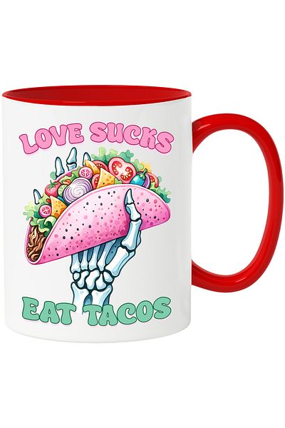 StoryGift Romania Mug with taco held by a skeleton with the message "Love sucks, eat tacos", food, love, With ,STG