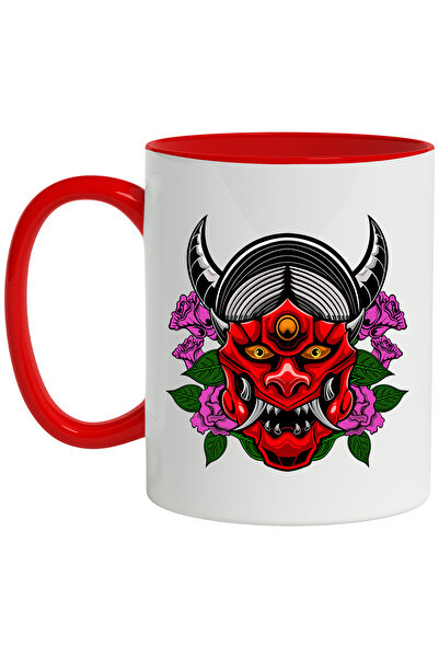 StoryGift Romania Cana Cu Masca Oni, Flori, Colti, Coarne, Demon, Asiatic, Multicolor 330 ml, Cera, Cu Maner Rosu