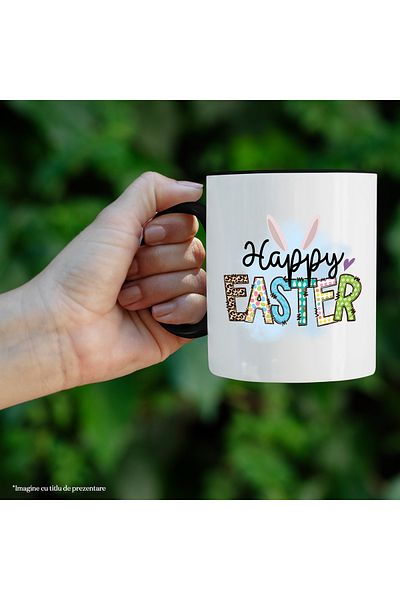 StoryGift Romania Cana cu mesajul "Happy Easter", Paste fericit, ilustratie, sarbatori pascale, ur, Cu Maner Negru
