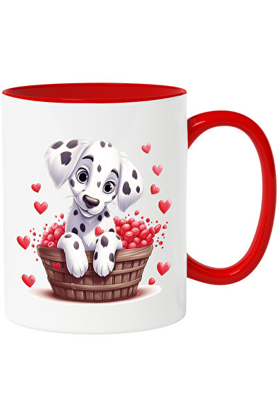 StoryGift Romania Cana cu un catel Dalmatian care sta intr-o copaita | ilustratie | o multime de i, Cu Maner Rosu