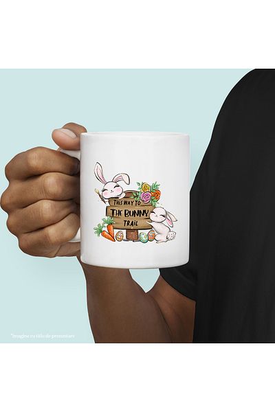 StoryGift Romania Cana cu 2 iepurasi veseli cu mesajul "This way to the bunny trail", Paste ferici, Cu Maner Alb