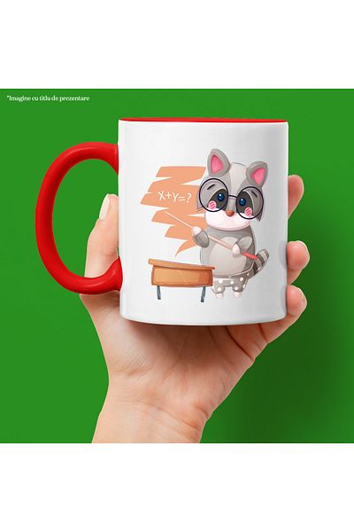 StoryGift Romania Cana Cu Raton, Profesor, Matematica, Ochelari, Multicolor 330 ml, Ceramica cu Ma, Cu Maner Rosu
