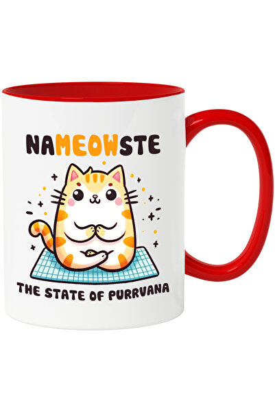StoryGift Romania Cana cu pisicuta care mediteaza cu mesajul "Nameowste, the state of Purrvana", s, Cu Maner Rosu