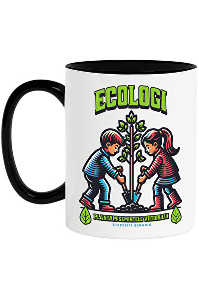 StoryGift Romania Cana ecologie plantam semintele viitorului copii plantand copac, 330ml, Ceramica, Cu Maner Negru