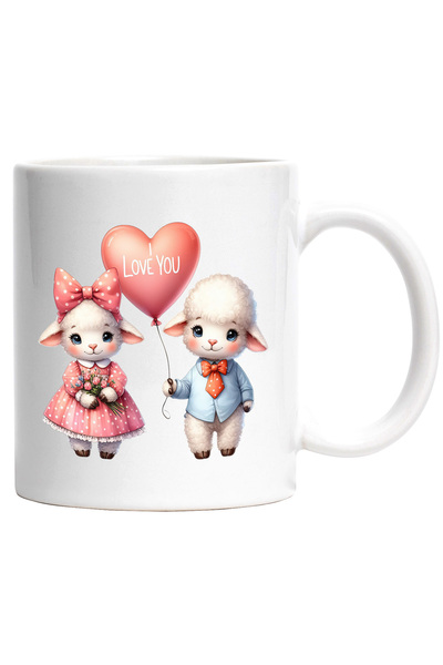 StoryGift Romania Cana cu o oita si un berbec | ilustratie | imbujorati | rochita | roz | funda | , Cu Maner Alb