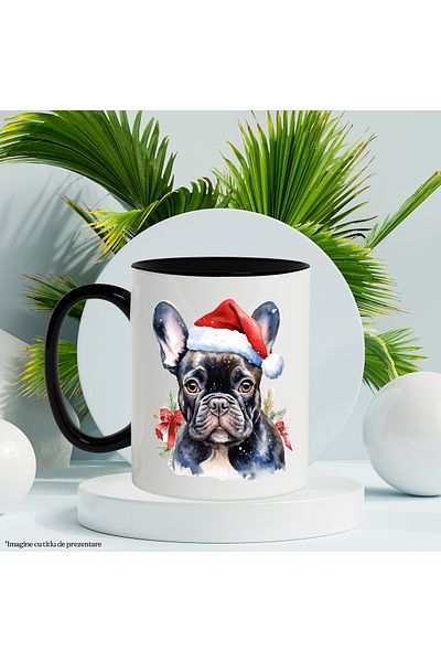 StoryGift Romania Mug With Dog, Bulldog, Fes, Christmas, Ribbon, Fir Branch, Multicolor 330 ml,, With