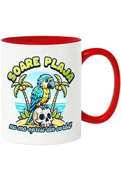 StoryGift Romania Cana papagal pe plaja, nu ma opresc din vorbit, haios vacanta, 330ml, Ceramic cu, Cu Maner Rosu