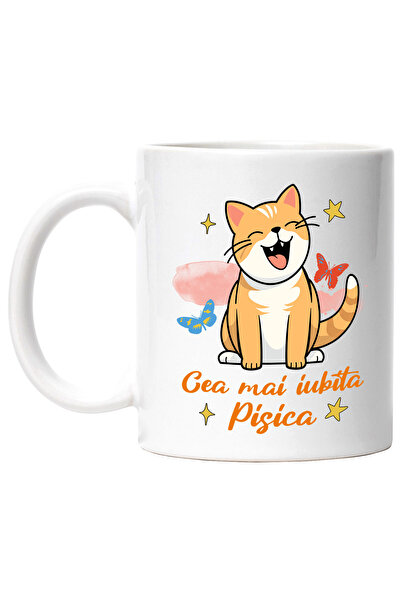 StoryGift Romania Cana Cea mai iubita pisisca portocalie, fluturi , 330ml, Ce...