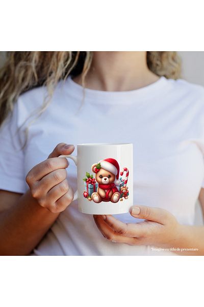 StoryGift Romania Mug with a teddy bear | illustration | joy | Christmas hat | scarf |, With White Handle