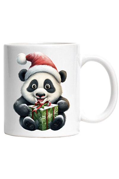 StoryGift Romania Cana cu un urs Panda care poarta o caciula de Craciun | ilustratie | a primit un, Cu Maner Alb