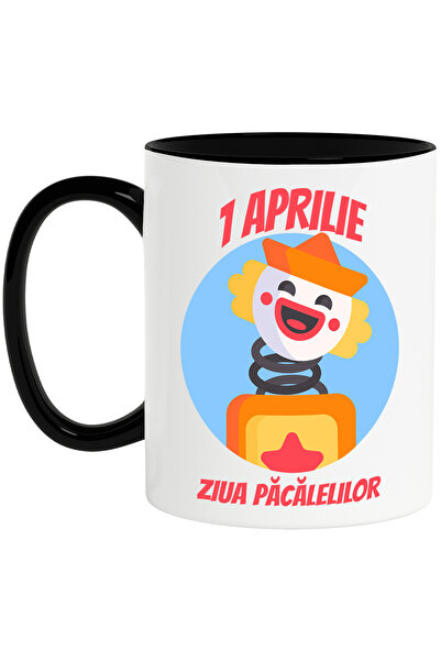 StoryGift Romania Cana 1 aprilie ziua pacalelelor haios farse clovn, 330ml, Ceramica cu Maner Negr, Cu Maner Negru