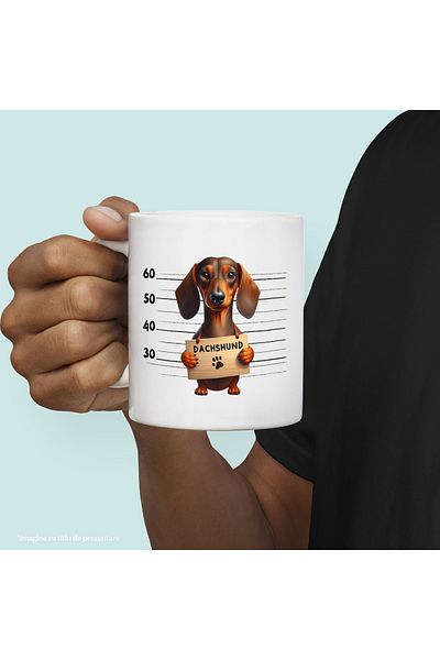 StoryGift Romania Cana cu Dachshund, caine, animal de companie, ilustratie, rasa pitica, urechi ap, Cu Maner Alb