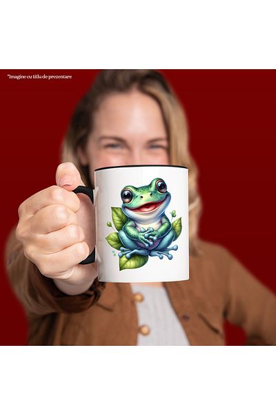 StoryGift Romania Mug with a happy frog | illustration | leaves | water | lake | puddle | happiness | , With Black Handle